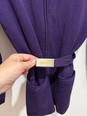 Vintage Escada Margaretha Ley 100% Wool Purple Ribbed Knit Belted Cardigan